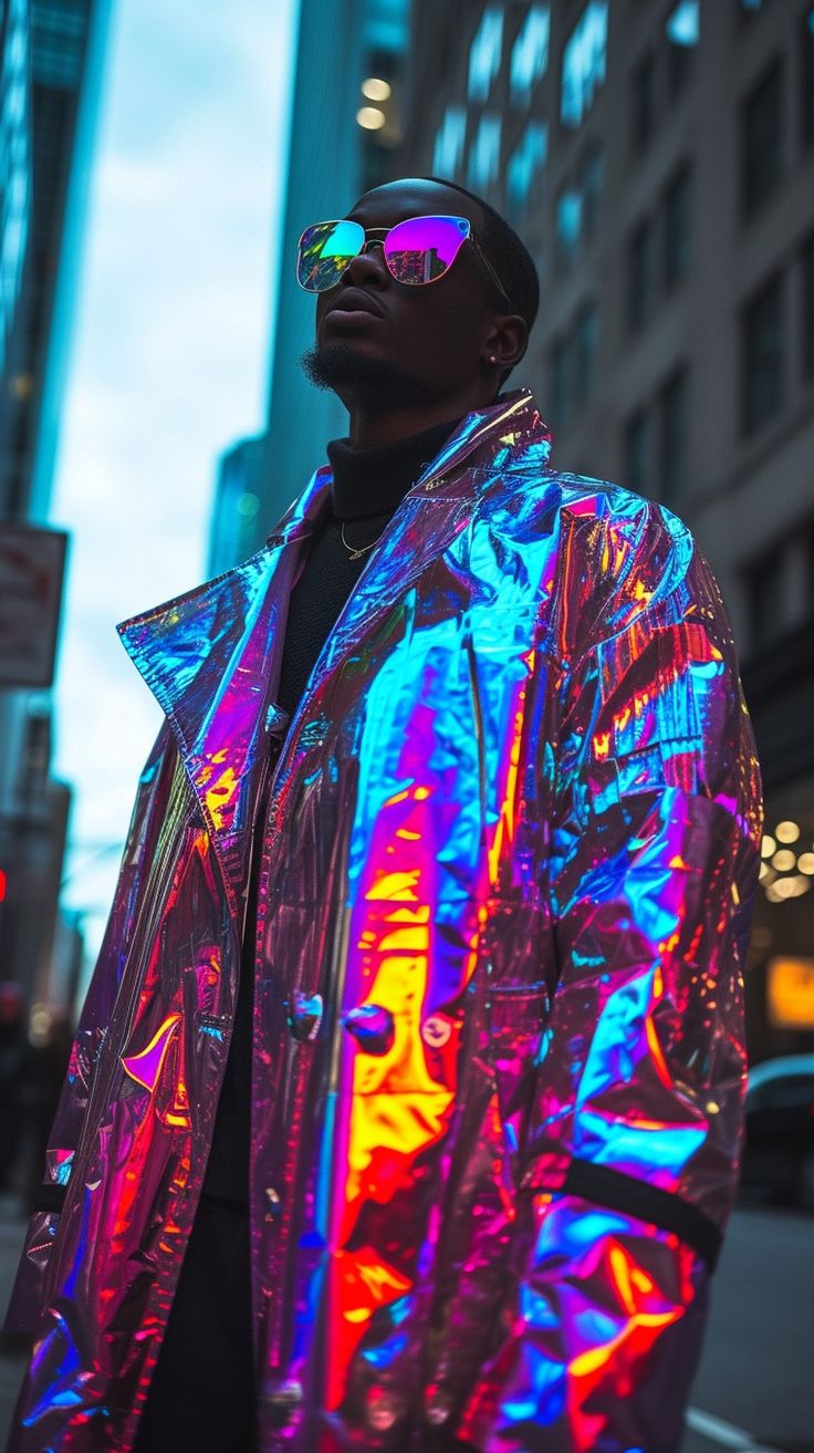 a man standing in the street wearing a shiny jacket and sunglasses with his head turned to the side