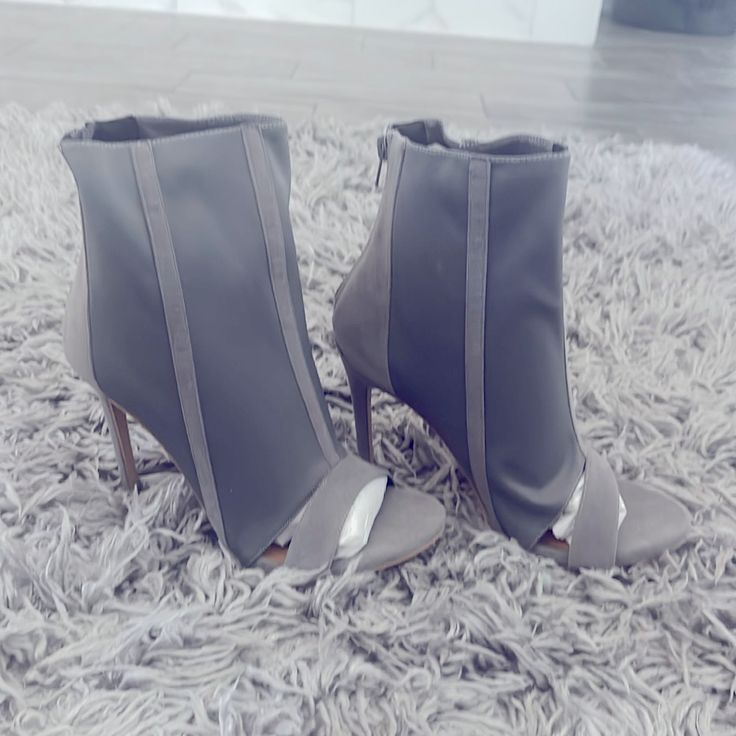 Suede Gray Peep Toe Boot Gray Heels For Spring Party, Chic Fitted Gray Heels, Gray Party Heels For Spring, Chic Gray Boots For Spring, Chic Gray Spring Boots, Chic Gray Heels For Spring, Gray High Heel Boots For Spring, Gray Medium Width Heels For Spring, Spring Gray Medium Width Heels