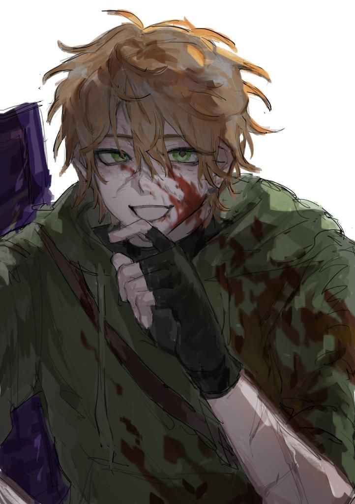 an anime character with green eyes and blood on his face