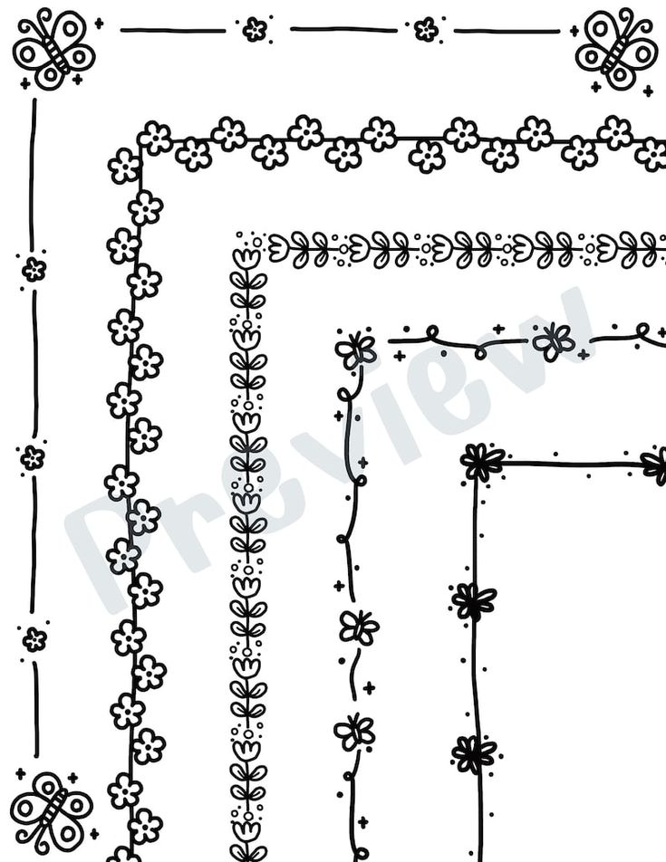 four different frames with flowers and leaves on them, all in black and white ink