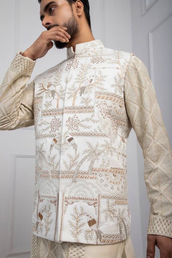 Ivory Nehru jacket embroidered with shimmer thread and beads in floral and bird motif. - Aza Fashions Nehru Jacket For Men, Engagement Events, Nehru Jacket, Indian Wedding Wear, Bird Motif, Nehru Jackets, Beaded Neckline, Satin Color, Jacket For Men