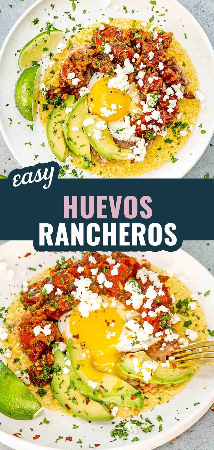 two plates filled with food and the words easy huevo's rancheros