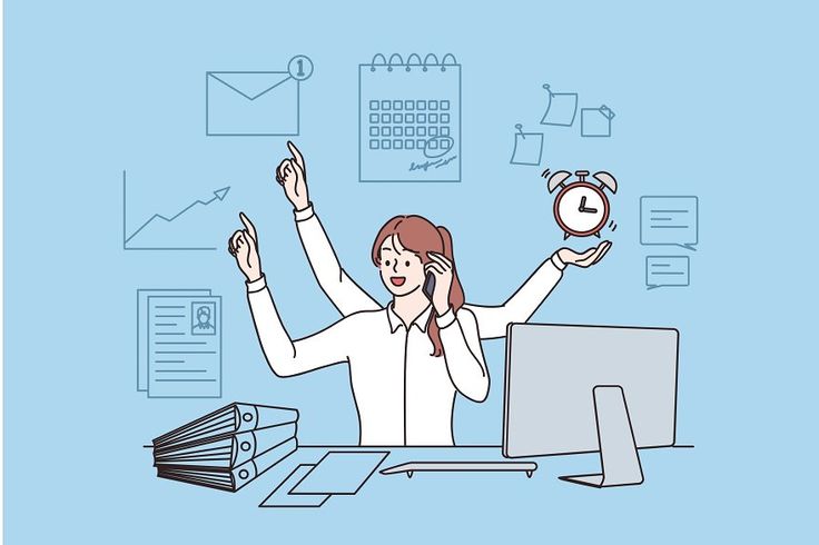 a woman sitting at a desk with an alarm clock in front of her and hands up