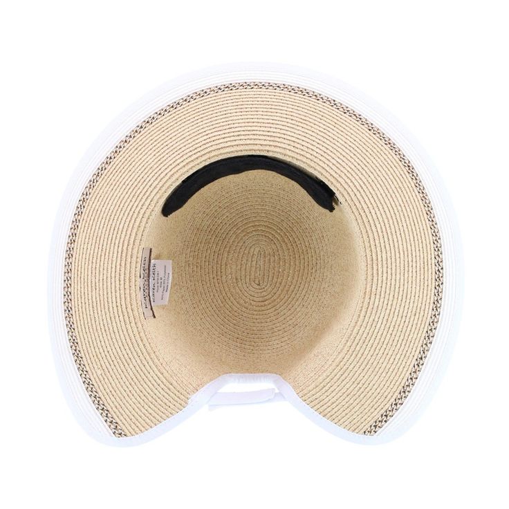 Keep your face protected and your hair up with this classic sun hat with a ponytail opening. The hat features a detachable interior sweatband, a 4-inch crown, and a 4-inch turned-down brim to keep you cool and comfortable in the hottest of weather. The classic solid band and trim detail allow this hat to match any outfit and will always be in style! Made of 80% Paper, 20% Polyester Adjustable Curved Brim Cloche Hat With Upf 50+, Adjustable Cloche Hat With Upf 50+ And Curved Brim, Curved Brim Visor With Uv Protection For Travel, Upf 50+ Brimmed Visor, Brimmed Visor With Upf 50+ For Travel, White Adjustable Boater Hat With Curved Brim, Adjustable White Boater Hat With Curved Brim, Adjustable Curved Brim Cloche Hat For Travel, Adjustable Cloche Hat With Curved Brim For Travel