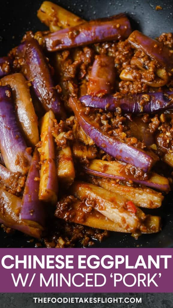 chinese eggplant w / minced pork in a wok with text overlay