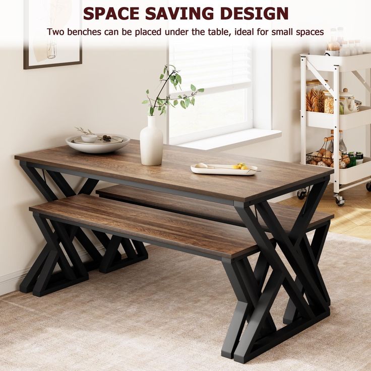 two benches are placed under the table, ideal for small spaces and space saving design