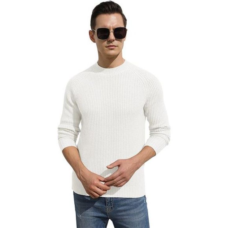 65% Acrylic, 25% Polyeste, 10% Wool Machine Wash Wool Mix Structured Fabric -- This Thick Knitted Men's Sweater Is Thermal, Soft And Stretchy, Which Provides Excellent Comfort And Warmth. Features -- Rib-Knit Sweater In Soft Wool Mix Fabric With A Round Neckline, Flecked Design, Long Raglan Sleeves, And Ribbing At Cuffs And Hem. Classic & Versatile -- The Classic And Versatile Rounded Neck Sweater,Is Perfect On Its Own Or As A Layer Under A Blazer Or Jacket.You Can Also Match Your Jacket, Jeans White Sweater With Ribbed Collar For Spring, White Ribbed Collar Sweater For Spring, Classic White Sweater With Ribbed Neckline, Casual Winter White Sweater With Ribbed Collar, Casual White Winter Sweater, White Fitted Sweater With Ribbed Neckline, White Sweater With Ribbed Collar For Fall, White Ribbed Collar Sweater For Fall, White Long Sleeve Sweater With Ribbed Neckline