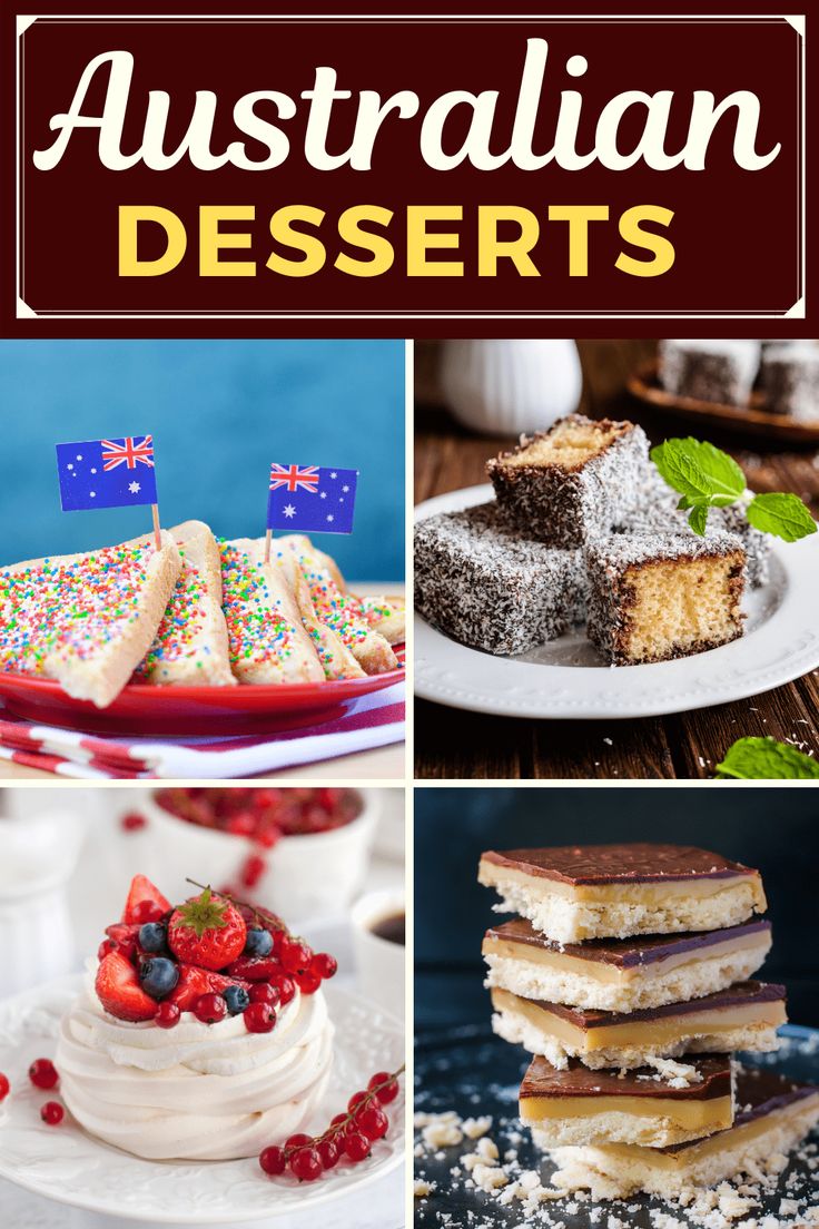 the australian desserts cookbook cover with images of cakes, deserts and other desserts