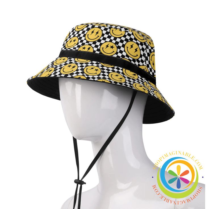 Show off your bright, playful spirit with the Happy Face Bucket Hat! This lightweight hat features a black and yellow checkered pattern covered in cheerful happy faces. Make a bold statement and spread joy wherever you go in this bright and quirky hat. Great for both men and women, it adds a fun pop of color and personality to any outfit. With its happy face print and vibrant colors, this hat is sure to put a smile on your face. Gift one to a friend to help them embrace the whimsical and delightfully playful. Ditch the dull and boring - the Happy Face Bucket Hat will liven up your look! We create Funky Hats for EVERYONE which look amazing all the time...Wear them out for any occasion, any condition - new or old and of course, at any time of the year! Live life in full color with our Bucket Black Retro Bucket Hat For Summer, Retro Black Adjustable Bucket Hat, Retro Adjustable Black Bucket Hat, Playful Adjustable Bucket Hat, Adjustable Novelty Hats One Size, Fun Black Vacation Hats, Fun Black Vacation Hat, Fun Adjustable Wide Brim Bucket Hat, Trendy Adjustable Yellow Hat