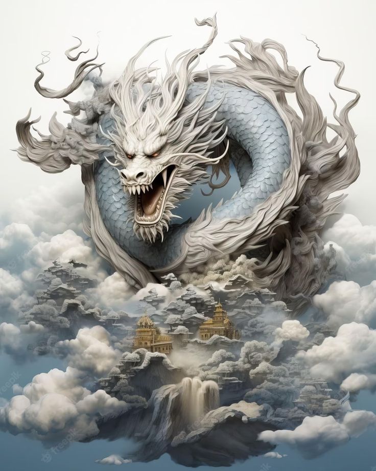 a white dragon is flying through the air above clouds and water, with buildings in the background