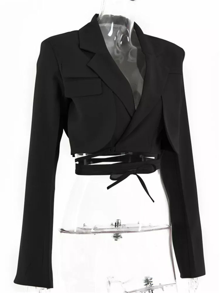 Take your style to the next level with this double layer lapel collar waist tie crop jacket for women. crafted from a blend of polyester and spandex, this jacket offers a goth-inspired look and is perfect for any occasion. shop now for a fashionable and stylish wardrobe update. Waistcoat For Women, Crop Top Suit, Crop Coat, Slim Blazer, Cropped Coat, Backgrounds Phone, Layered Long Sleeve, Crop Blazer, Wardrobe Update