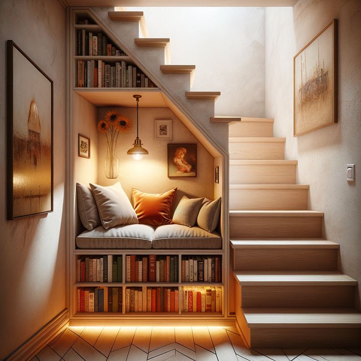 a room with bookshelves and stairs leading up to the second floor, filled with books