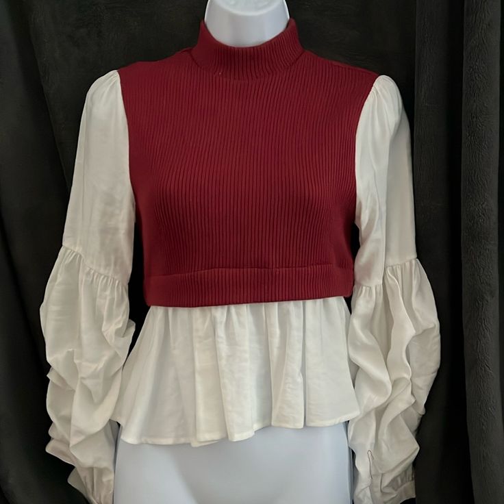 Anthropologie Knit Top With Gathered Sleeves And Peplum. Brand New White Cropped Blouse For Fall, White Stretch Knit Top For Layering, Fitted Red Knit Top For Spring, White Cropped Sweater For Layering, White Cropped Knit Top For Winter, White Fitted Blouse For Layering, White Cropped Stretch Knit Top, White Stretch Cropped Knit Top, Stretch Cropped White Knit Top