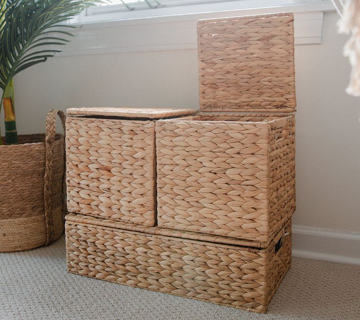 two wicker baskets sitting next to each other in front of a potted plant