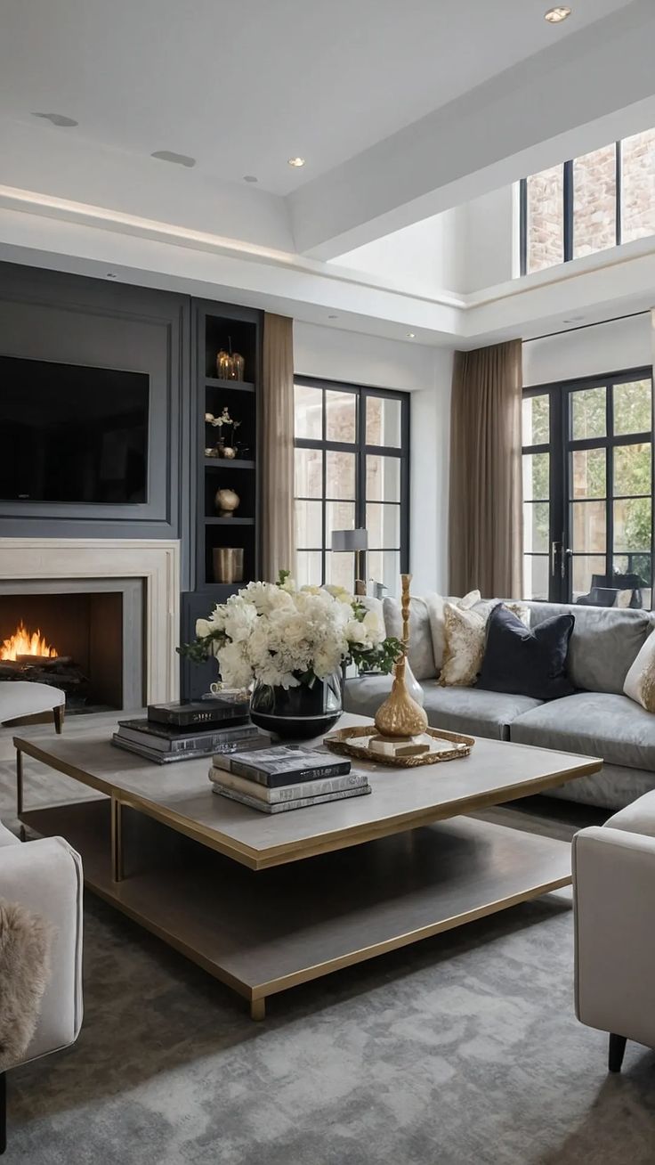 a living room filled with furniture and a fire place in the middle of the room