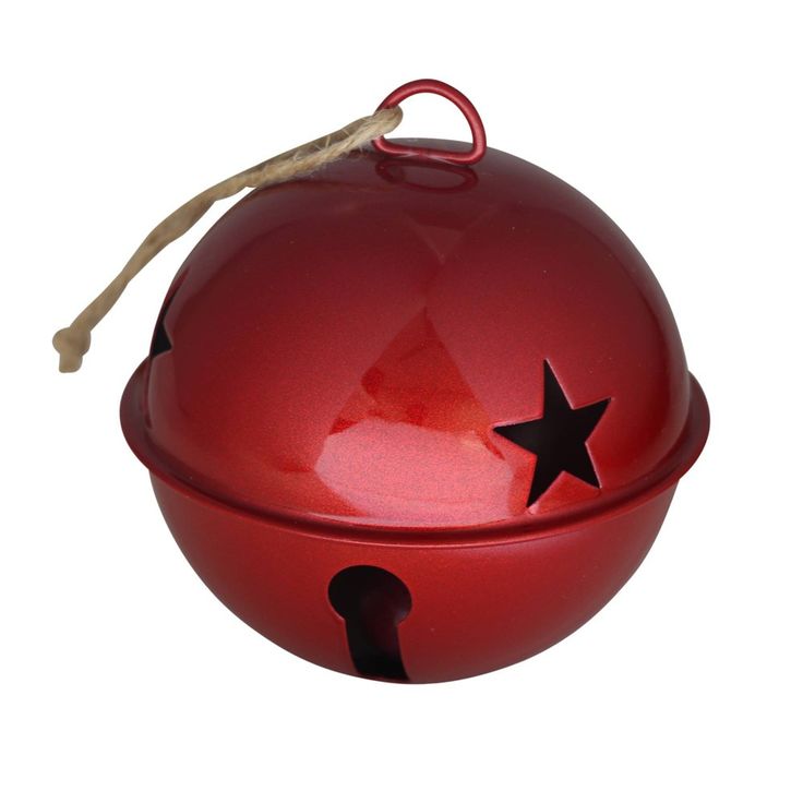 an ornament shaped like a red ball with black stars on the top and bottom