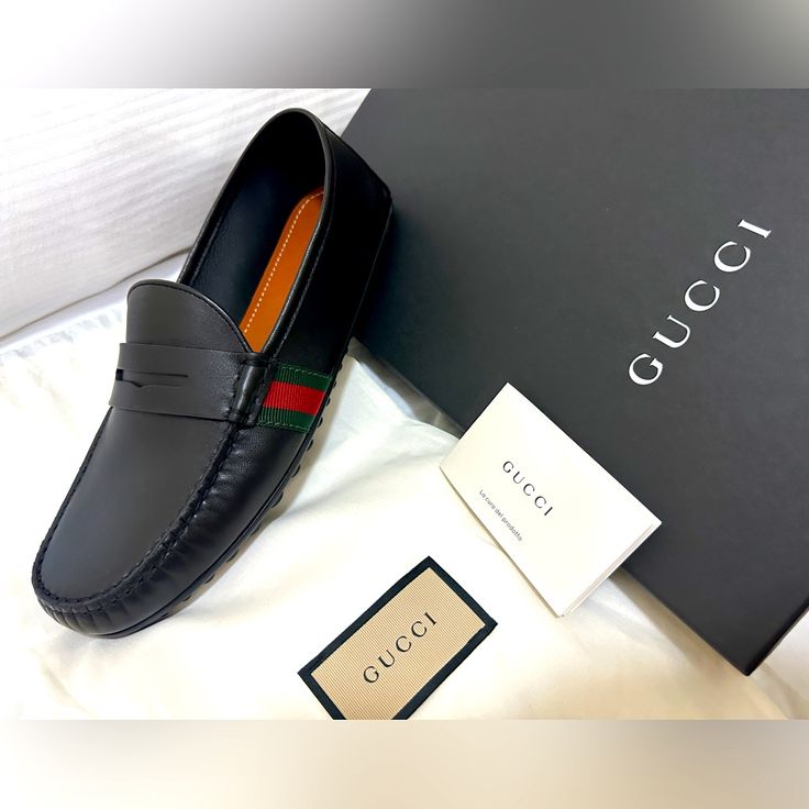 Gucci Moccasins 8.5 Mens In Black. Brand New In Box Never Worn. $625 Shipped. Just For Reference I Wear A Normal 10 With Sperry Top Siders And The Fit On This Is Similar. Luxury Black Calf Leather Shoes, Gucci Black Loafers With Leather Sole, Gucci Luxury Loafers With Leather Lining, Gucci Leather Shoes With Round Toe And Leather Lining, Modern Gucci Loafers For Office, Gucci Black Loafers With Leather Lining, Gucci Black Leather Loafers, Gucci Modern Black Loafers, Modern Gucci Loafers In Calf Leather