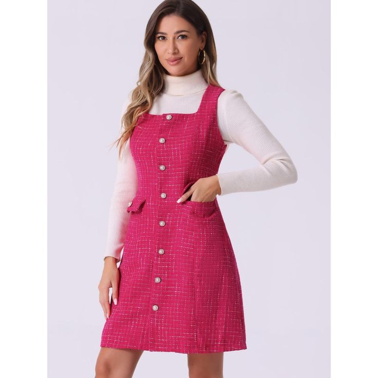 Carefully crafted to enhance your style, this tweed pinafore dress offers a chic and trendy look suitable for various occasions. The sleeveless design provides a touch of elegance, while the square neck adds a unique and flattering shape to the dress. The button-up front detailing adds a classic touch, complementing the A-line silhouette for a feminine and polished appearance. Perfect for layering over blouses or tees, this tweed pinafore dress can be styled with heels or boots to create a fashi Pinafore Dress With Buttons For Workwear, Casual Tweed Dress With Button Closure For Work, Sleeveless Tweed Dress For Winter, Sleeveless Tweed Dresses With Buttons, Pink A Line Dress, Womens Tweed, Causal Dresses, Pink Prom Dress, Preppy Outfit