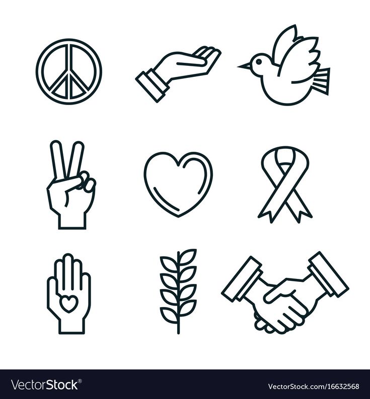 hand and peace symbols line art icon set