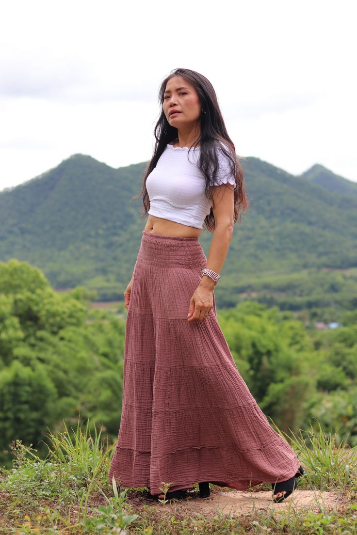 All items are shipped to Thailand Post . Free upgrade to D.H.L Express when you buy 2 or more items . The USA only. US sizing fits XS - XL please check the sizes in inches in the description. From Twist and Crinkle Collection Due to popular demand I have now made this style of skirt in double fabric for winter wear . This lovely Boho piece is made from 100% cotton. The skirt is in 4 tiers. A great piece to wear with a tight or cropped top .You can even wear it as a strapless dress by pulling it Bohemian Skirts Long, Long Boho Skirt, Earthy Girl, Flamenco Skirt, Modest Skirt, Skirts Flowy, Long Maxi Skirt, Boho Clothes, Bohemian Skirt