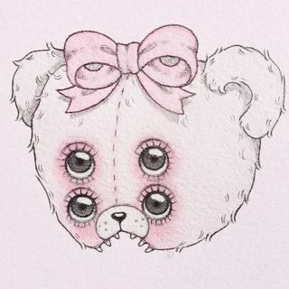 a drawing of a teddy bear with a pink bow on it's head and eyes