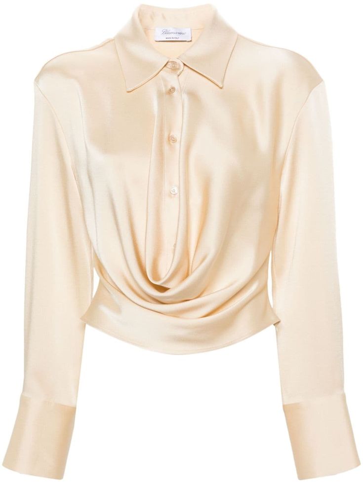 beige crepe texture satin finish draped design pointed flat collar front button fastening drop shoulder long sleeves buttoned cuffs curved hem Satin Button Down, Long Sleeve Design Ideas, Elegant Tops And Blouses, Button Up Shirt Outfit Women, Draped Tops, Satin Blouse Shirts, Rich Clothing, Draped Shirt, Women Long Sleeve Shirt