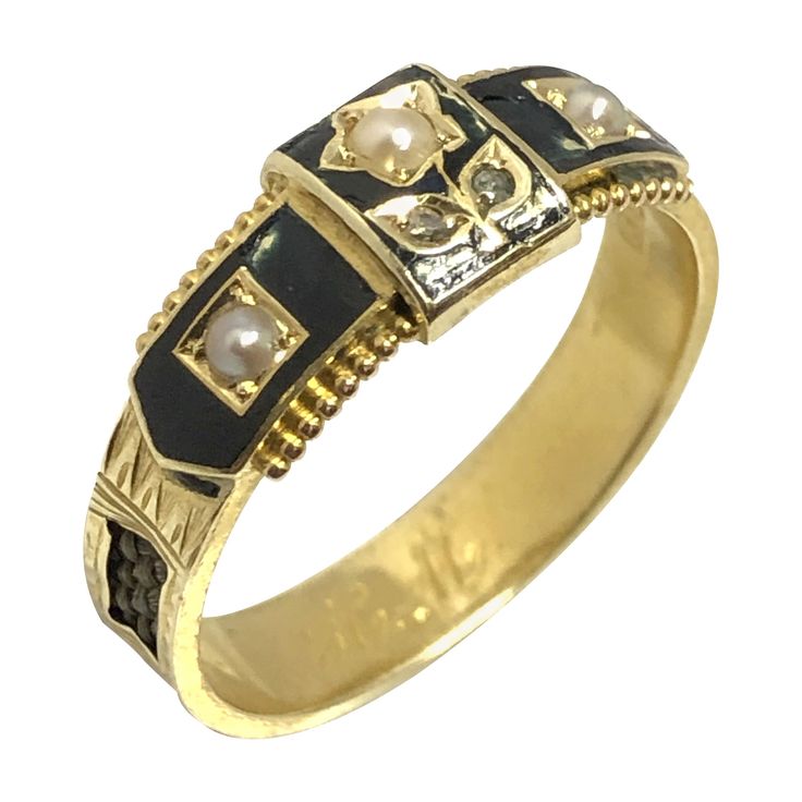 Circa 1880s Victorian Memorial, Memento 15 Karat Yellow Gold Ring, Measuring 4 M.M. wide, intricately detailed with woven Hair within the ring, further decorated in Black Enamel and set with Pearls and Diamonds. The ring has Hallmarks of Chester England 1889. Finger size 8 1/2. Victorian People, Chester England, Beautiful Gold Rings, Skull And Cross Bones, Skeleton Ring, Georgian Ring, Goddess Outfit, Desired Reality, Memorial Ring