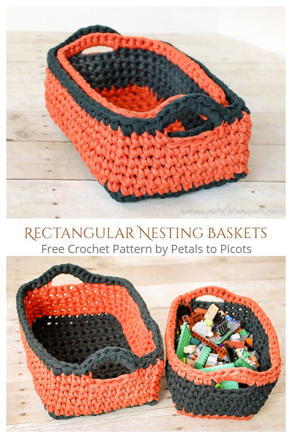 an orange and black crocheted storage basket with two sides open to show the contents inside