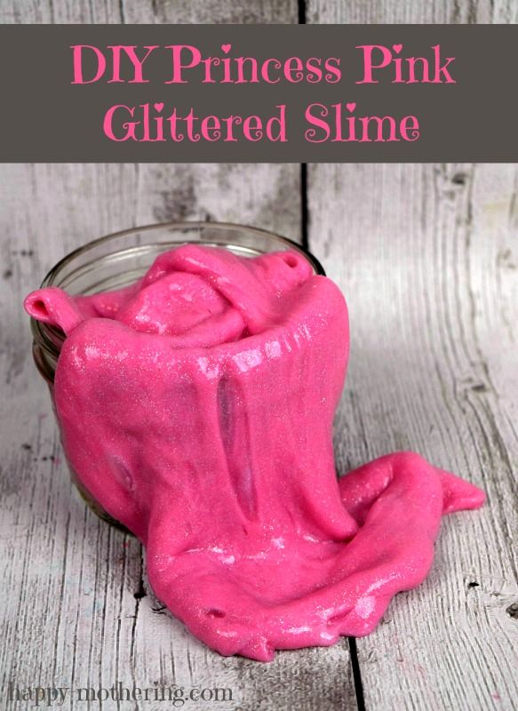 pink glittered slime in a glass jar with text overlay that reads diy princess pink glitter slime