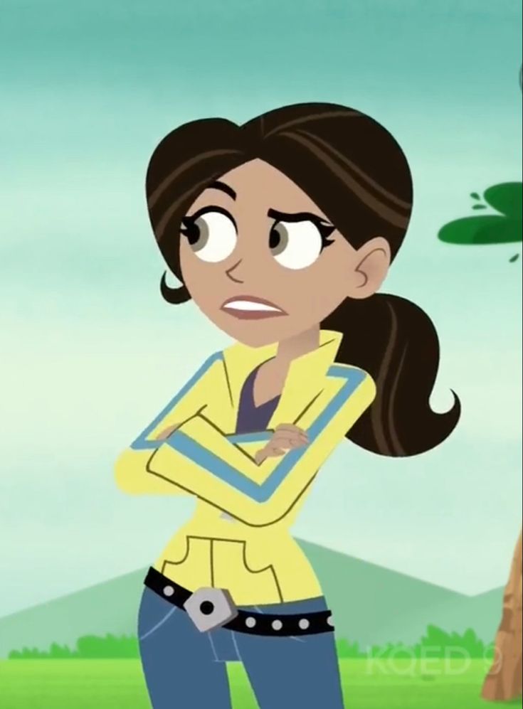 a cartoon girl with her arms crossed standing in front of a tree and looking at the camera