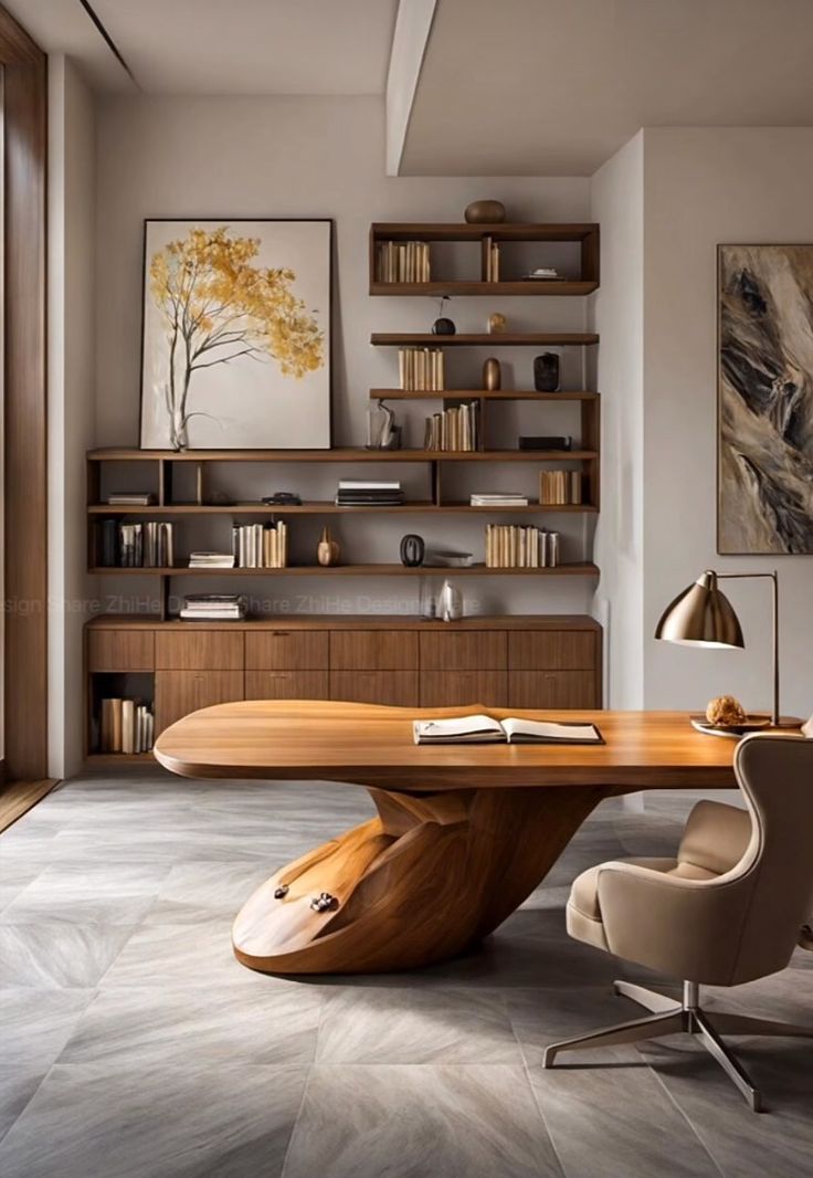 an oval wooden table in a modern living room