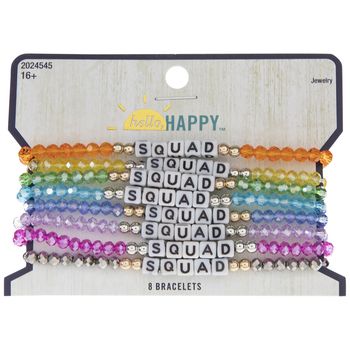 Keep your friends connected through bright accessories like Rainbow Squad Bracelets. This set features bracelets with pink, orange, yellow, green, blue, purple, and black acrylic beads surrounding white block letter beads. Pass one out to each of your pals so you can all sport an icon of your friendship every day! Details: 	 Thickness: 1/4" 	 Size: One Size Fits Most 	 Metal Color: Silver & Gold Card contains 8 bracelets. Colorful Novelty Jewelry For Friendship, Assorted Letter Beads Friendship Bracelets, Trendy Assorted Friendship Bracelets, Multicolor Hypoallergenic Friendship Bracelets, Hypoallergenic Multicolor Friendship Bracelets, Bright Accessories, Relationship Bracelets, Pop Jewelry, Beaded Braclets