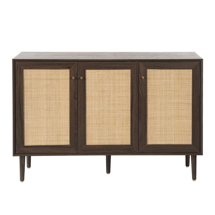 the sideboard is made from wood and has two doors, one with woven panels