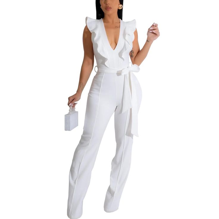 PRICES MAY VARY. Material:95%Polyester+5%Spandex,Crafted from 95% Polyester and 5% Spandex, our Summer One Piece Jumpsuit is made of high-quality, breathable fabric to keep you comfortable on the warmest days. The blend of lightweight materials ensures a soft touch on your skin while providing excellent durability for long-lasting wear Feature:Our women's solid color sleeveless jumpsuit features ruffles at front and back,deep V-neck,back zipper,and an adjustable waist belt.The high-waisted wide- White Brunch Outfit Classy, All White Christmas Party Outfit, Diner En Blanc Outfit Woman, All White Birthday Outfit, Graduation Outfits For Women College, Formal Jumpsuits For Women Wedding, All White Party Outfits Black Women, White Jumpsuit Formal, Casual One Piece