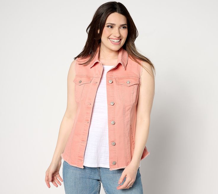 Make like your own personal stylist and demonstrate how this denim vest ups the cool quotient of your existing tanks, sleeved tees, and dresses. Or, try it our favorite way -- buttoned up (a little or a lot) as a standalone top. From LOGO by Lori Goldstein®. Lori Goldstein, Light Coral, Blazer Fashion, Effortless Chic, And Dresses, Denim Vest, The Cool, Personal Stylist, Vest Jacket