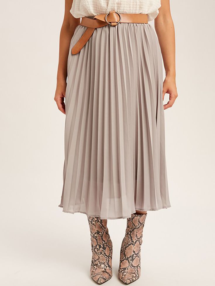 Pleated chiffon maxi skirt - Pleated chiffon - Elastic on waist - Lined - Model is 5' 8" 30-24-35 and wearing a size Small Fabric: 100% Polyester Chic Pleated Skirt With Elastic Waistband For Parties, Chic Pleated Chiffon Skirt, Elegant Chiffon Midi Pleated Skirt, Elegant Maxi Skirt With Elastic Waistband For Day Out, Flowy Bottoms For Date Night In Spring, Flowy Skirt For Date Night In Spring, Chic Chiffon Pleated Skirt For Parties, Fitted Chiffon Pleated Bottoms, Summer Workwear Maxi Skirt