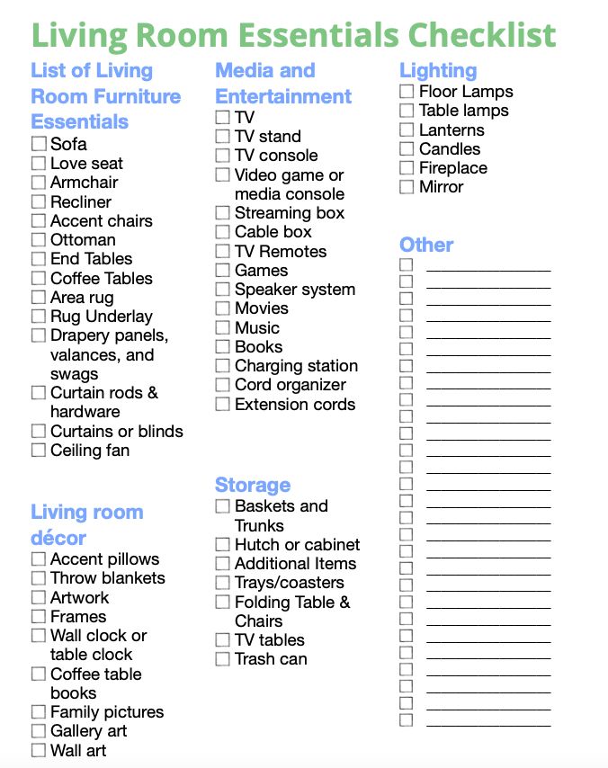 the living room essentials checklist is shown in this printable list for families