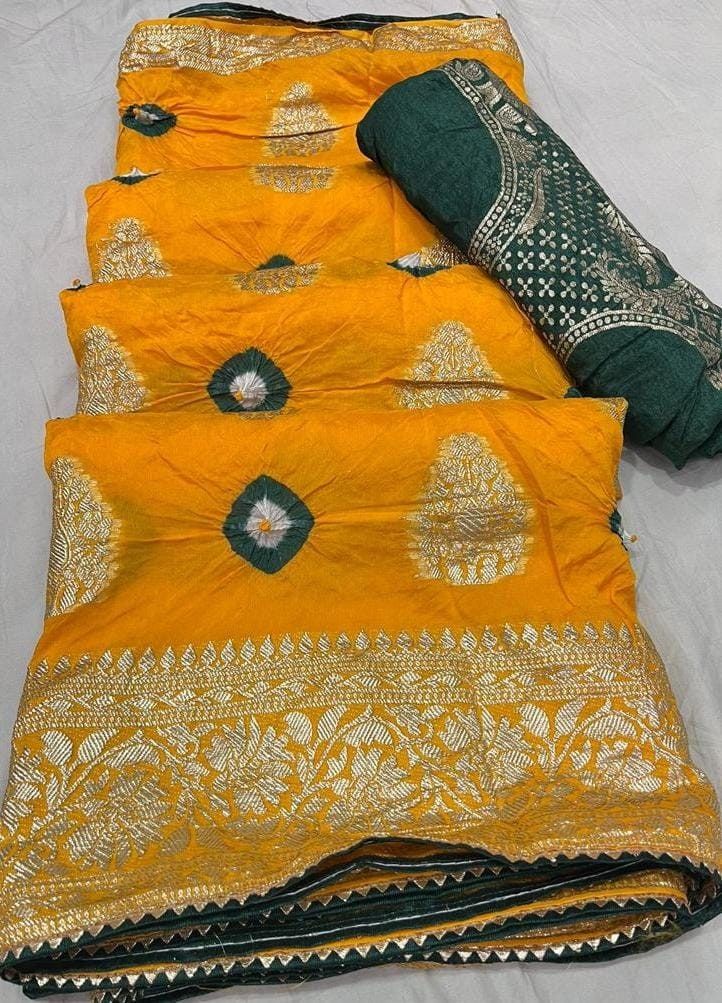 Jaipuri traditional bandhani with zari saree Fabric -pure dola silk saree  Saree length 5.5+ With blouse piece 1 meters  All colours available  potli free  Fall piko free Chark free Roll polish free Saree Bandhani, Dola Silk Saree, Zari Saree, Fashion Baby Girl Outfits, Bandhani Saree, Saree Fabric, Festival Wedding, Fashion Baby