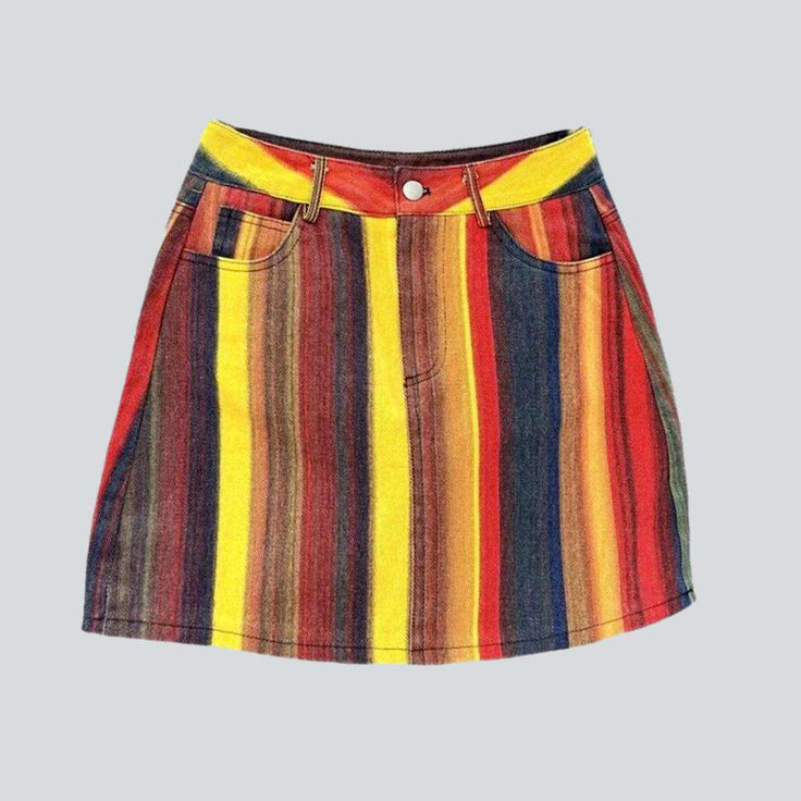 Introducing the 2023 Spring-Summer Collection's must-have item the sanded year-2000 mini women's denim skirt with vertical stripes! An ode to the millennium's iconic couture scene. this skirt is the perfect blend of quintessential and modern street style.Why You'll Fall In LoveMeticulously tailored for the couture fashionista with a penchant for nostalgia. this skirt is designed to make heads turn and hearts flutter. Every detail. from its painted vertical stripes to its mid-waist fit. promises Summer Striped Cotton Skirt, Striped Cotton Skirt For Summer, Striped Summer Skirt, High Waist Striped Summer Skirt, Summer High Waist Striped Skirt, High Waist Striped Skirt For Summer, Y2k Style Multicolor Mini Skirt, Casual Cotton Skirt With Vertical Stripes, Y2k Style Multicolor Summer Skirt