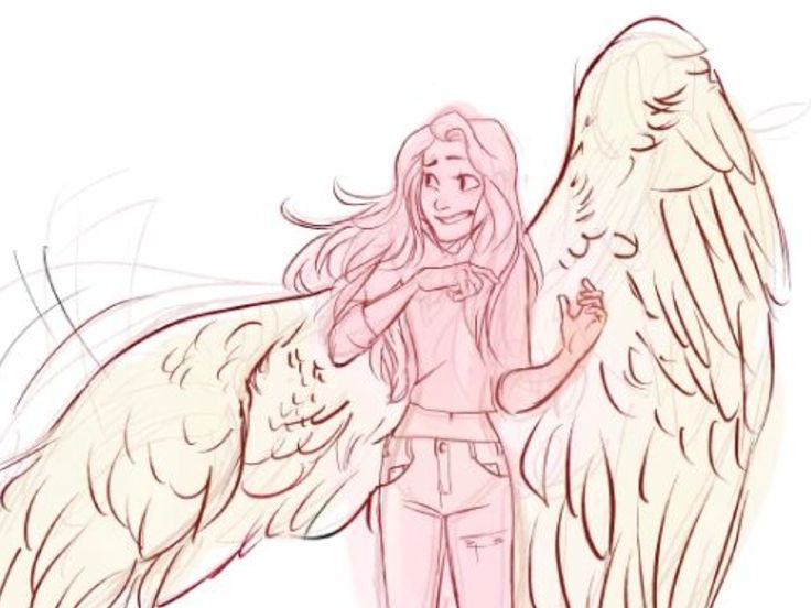 a drawing of a girl with wings on her chest holding an owl's tail