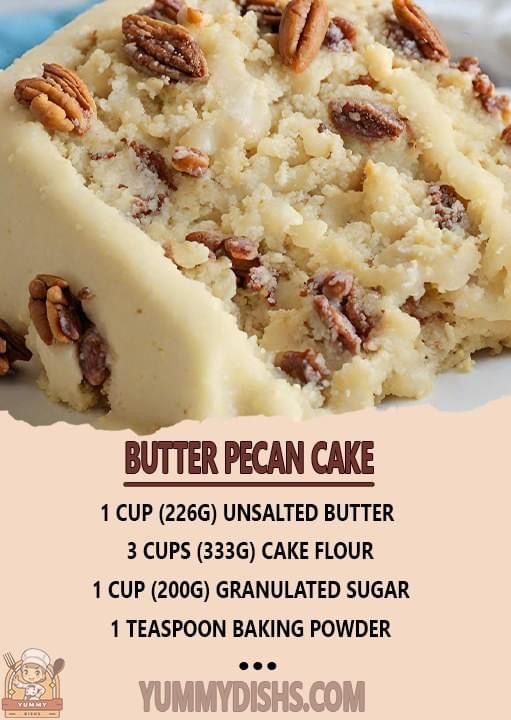 a piece of butter pecan cake on a white plate with the words, butter pecan cake