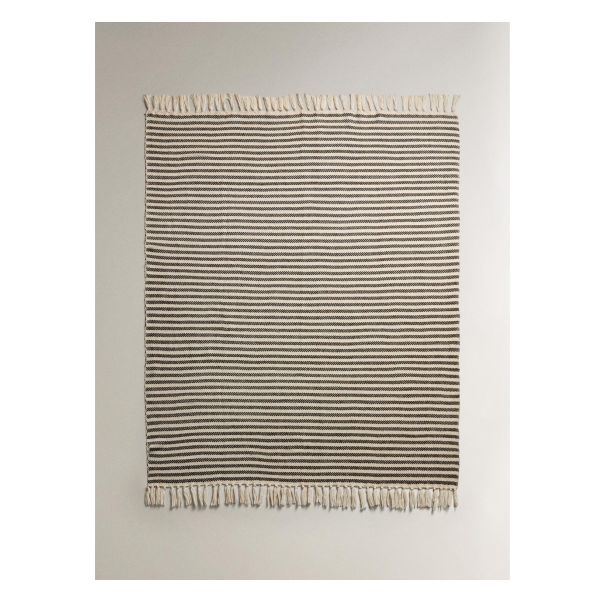 Cotton blanket. The design features brown horizontal stripes that contrast with the beige background of the piece. The fringed finish gives it a perfect drop that allows it to be used at the foot of a bed or couch. Bedroom Throw, Joggers Shoes, Cardigan Sweater Vest, Cotton Blanket, Cotton Throw, Tshirt Skirt, Book Stationery, Cotton Throws, Horizontal Stripes