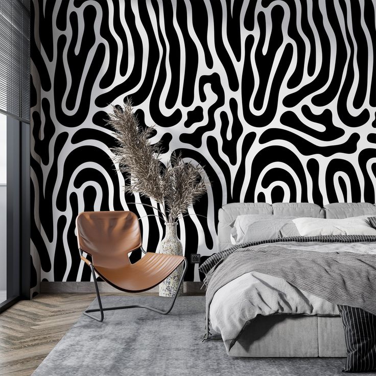 a modern bedroom with zebra print wallpaper