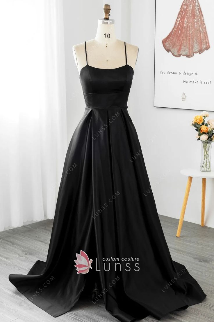 sleek black satin a line high slit long evening dress 8th Grade Formal Dresses For Teens Long Black, Year 6 Graduation Dresses Long, Black Sleek Wedding Dress, Black Brides Mades Dresses, Grade 7 Farewell Dresses Long, Black Satin Dress For Prom, Silk Prom Dress Black, Black Grad Dresses, Black Prom Dress Inspiration