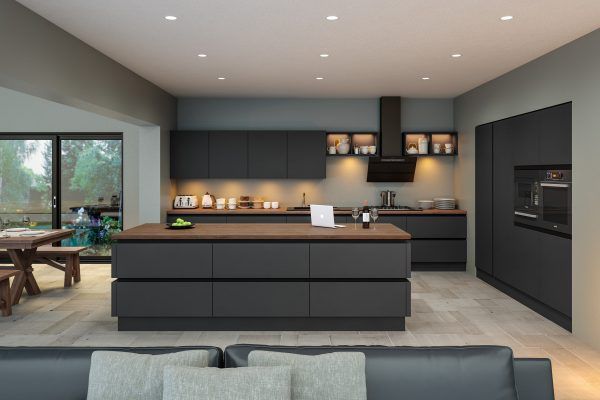 a modern kitchen with an island in the middle and lots of counter space on one side