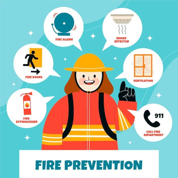 a firefighter is surrounded by icons such as call phone, safety helmet and other things