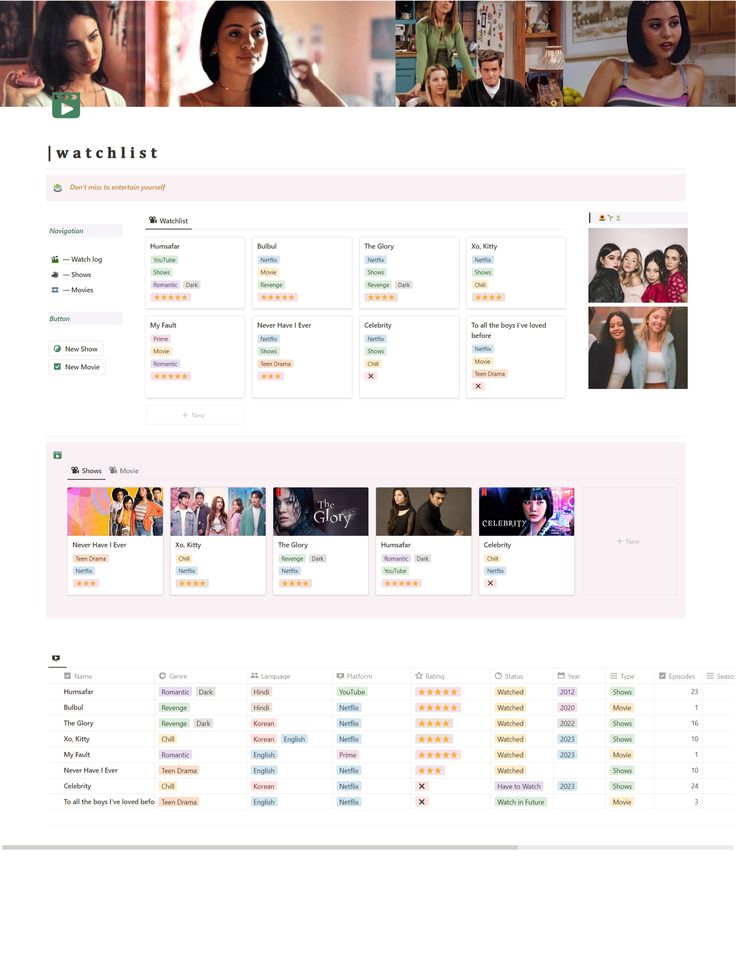 Notion watchlist tracker Notion Movie List, Notion Watchlist, Notion Pastel, Study Planner Free, Notion Setup, Movie Tracker, Setup Inspiration, Notion Ideas, Aesthetic Notion