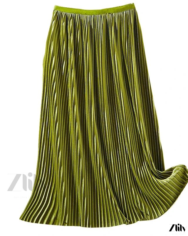 Zlily - Velvet Pleated Skirt - A Glamorous Half-Length Skirt Green Non-stretch Pleated Maxi Skirt, Green Pleated Non-stretch Skirt, Green Non-stretch Pleated Skirt, Non-stretch Green Pleated Skirt, Green Pleated Maxi Skirt For Fall, Chic Full-length Green Skirt, Green Pleated Winter Skirt, Green Flowy Maxi Skirt For Fall, Green Maxi Skirt For Winter