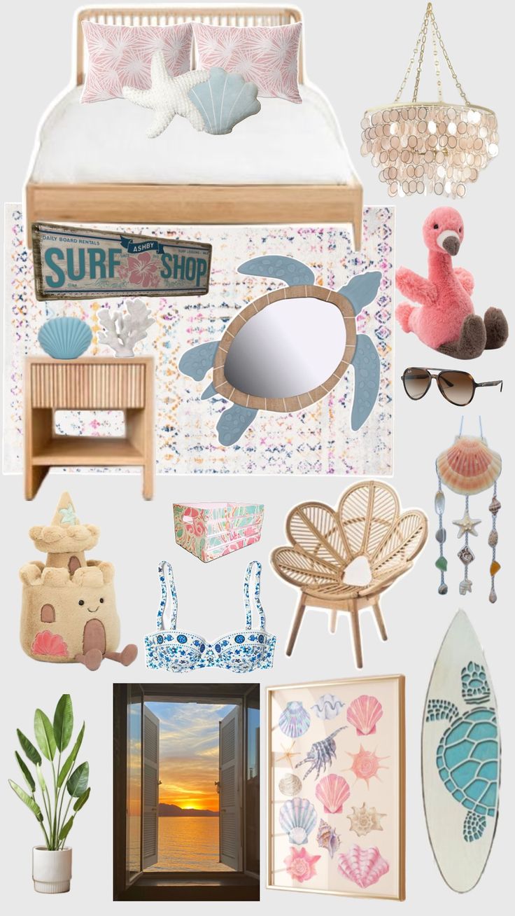 a collage of beach themed items including a bed, mirror, and other things