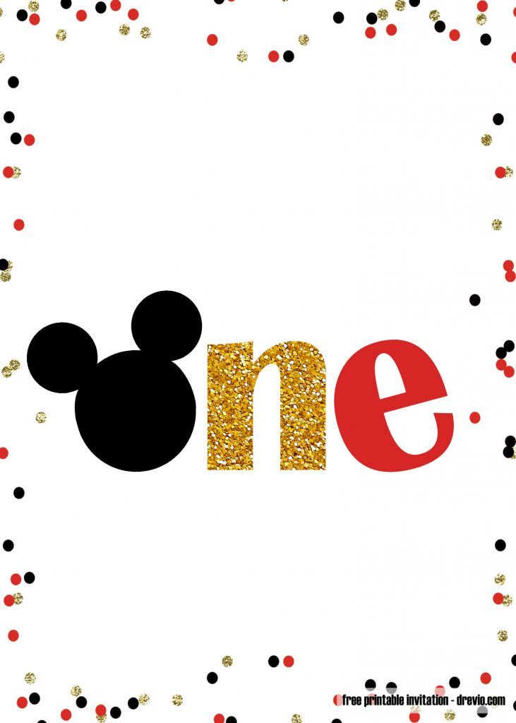 a mickey mouse birthday card with the word one in red and gold glitters on it